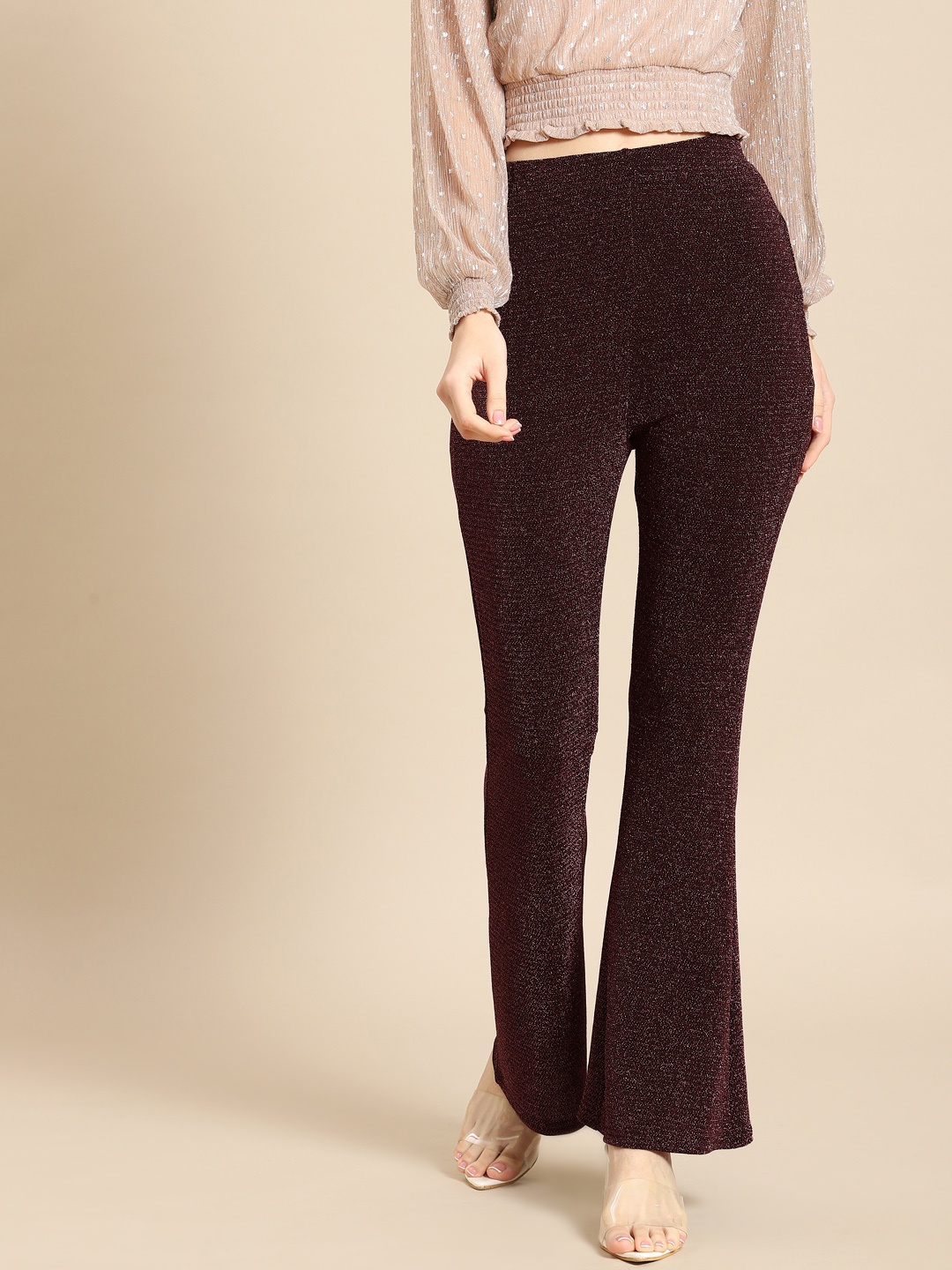 

COVER STORY Women Bootcut Trousers, Burgundy