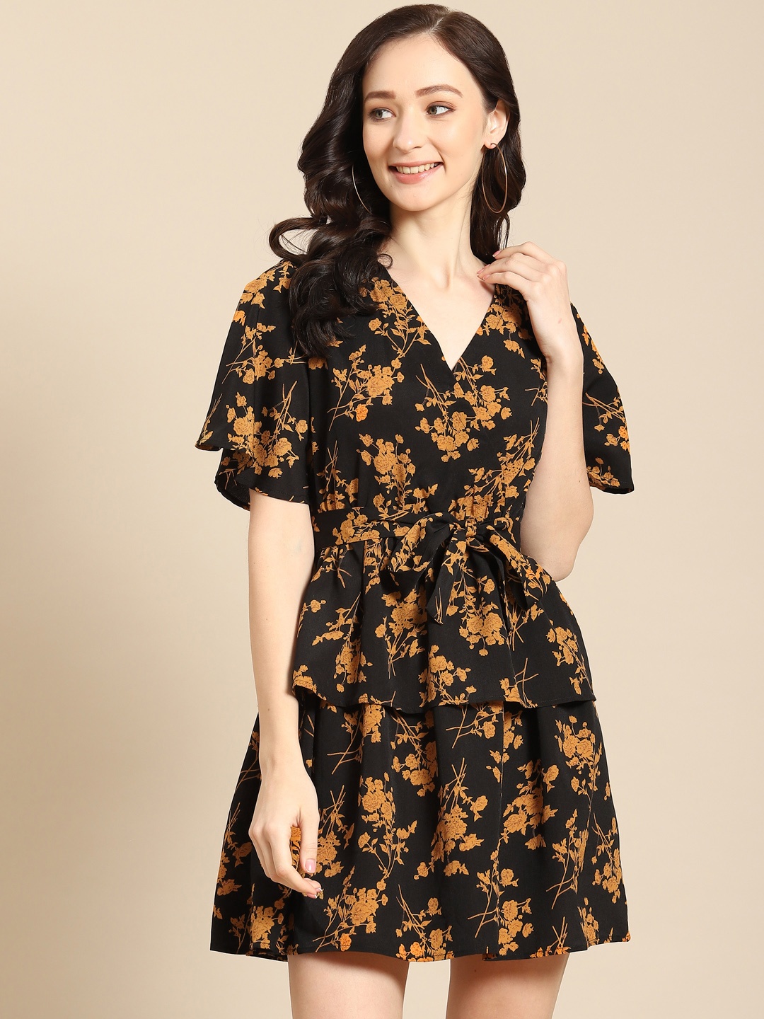 

COVER STORY Women Mustard Yellow & Black Floral Wrap Dress