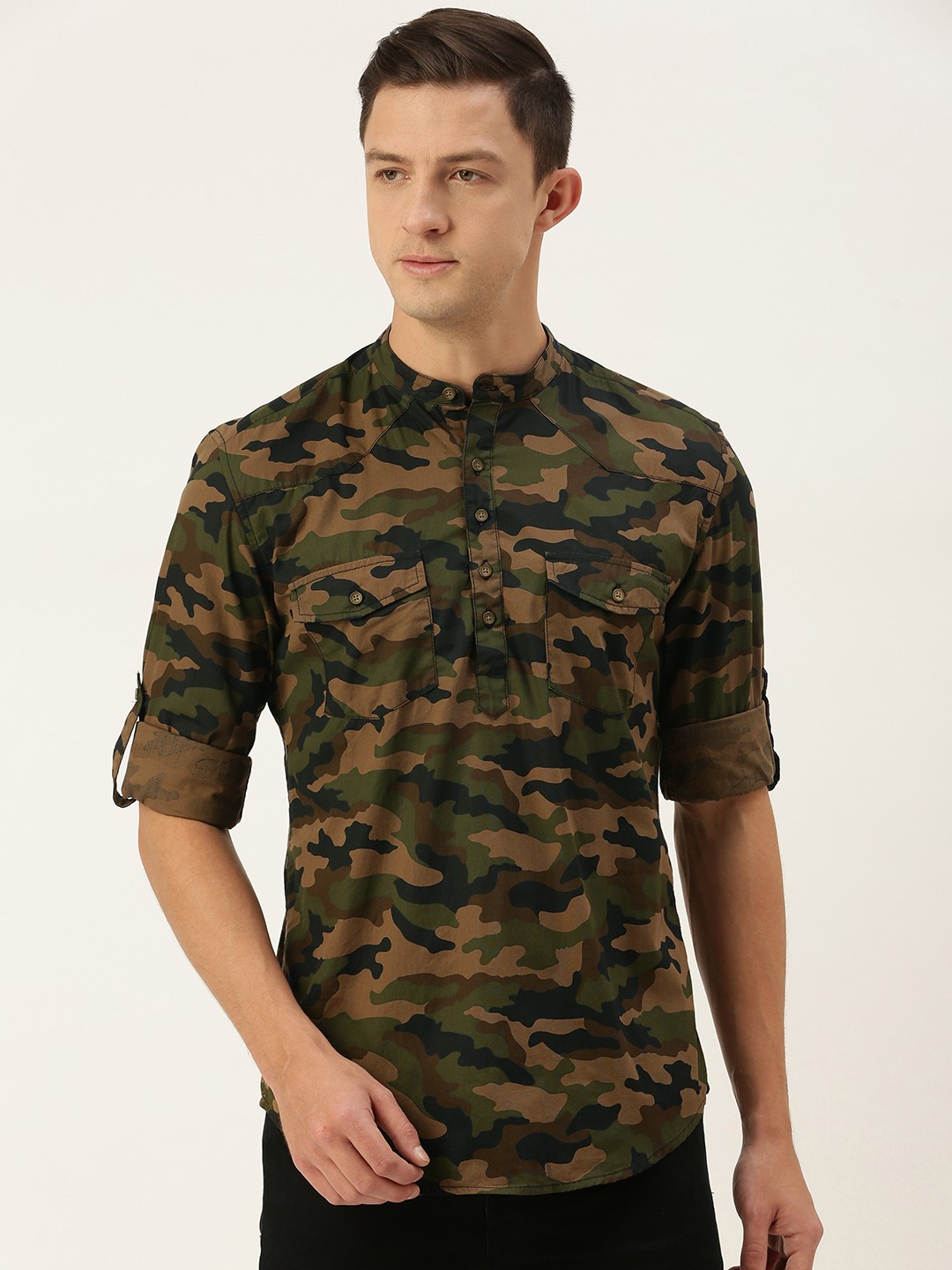 IVOC Men Green & Beige Pure Cotton Slim Fit Printed Casual Shirt