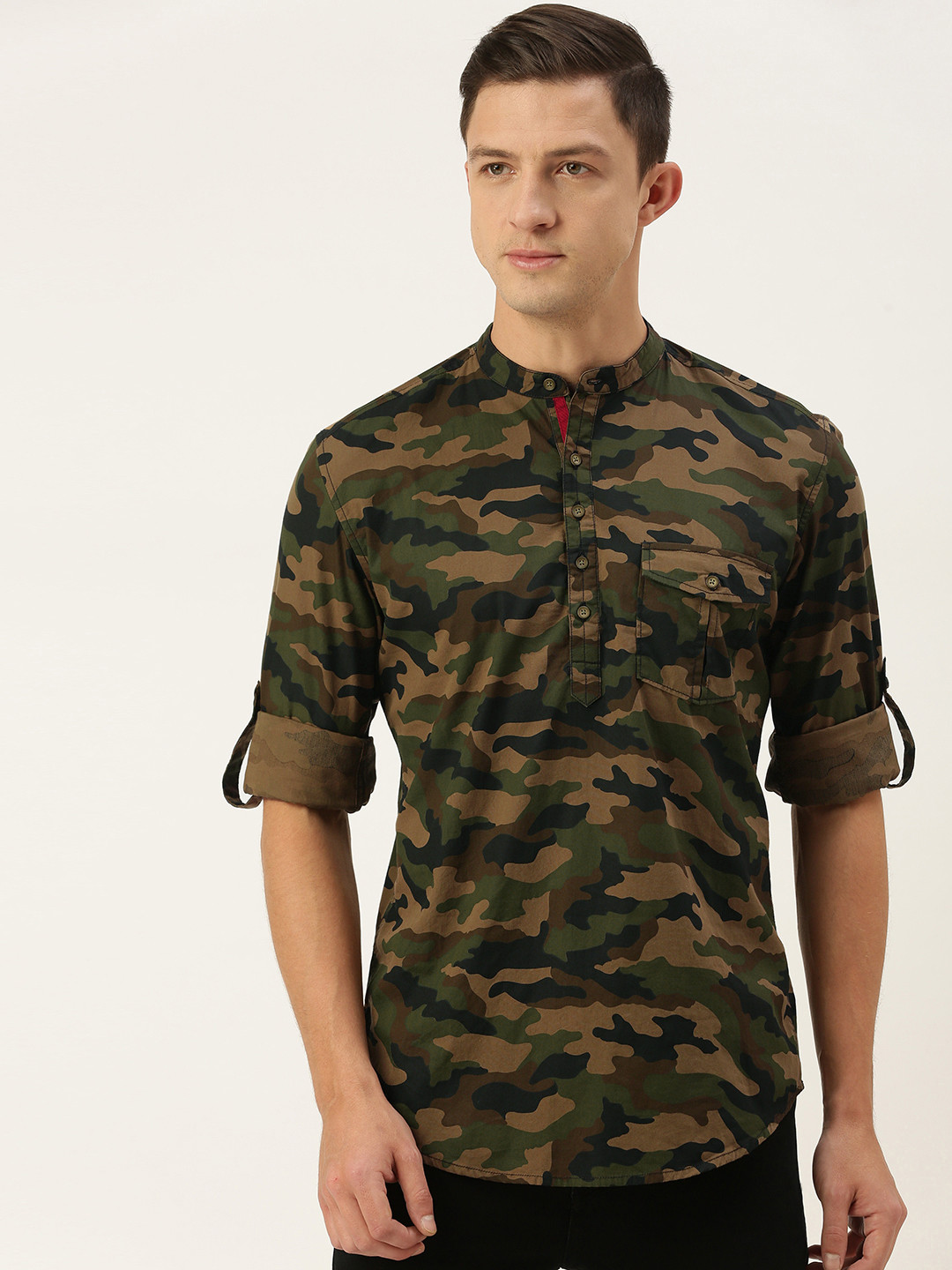 

IVOC Men Green & Brown Pure Cotton Slim Fit Printed Casual Shirt