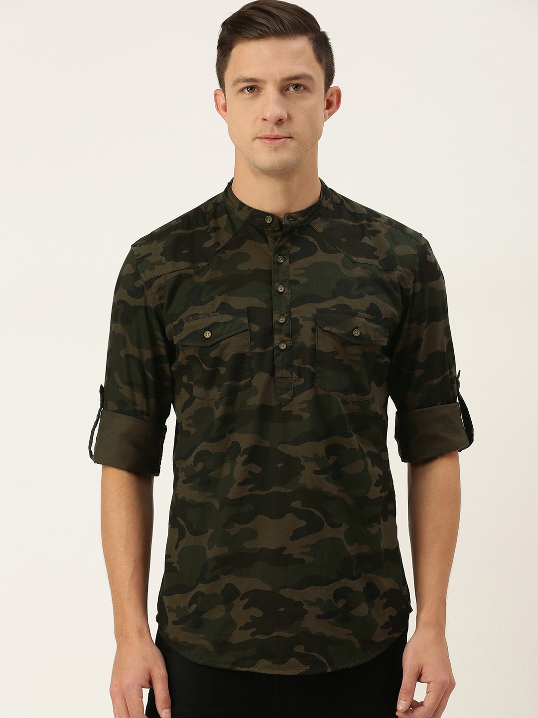 

IVOC Men Olive Green & Beige Pure Cotton Slim Fit Printed Casual Shirt
