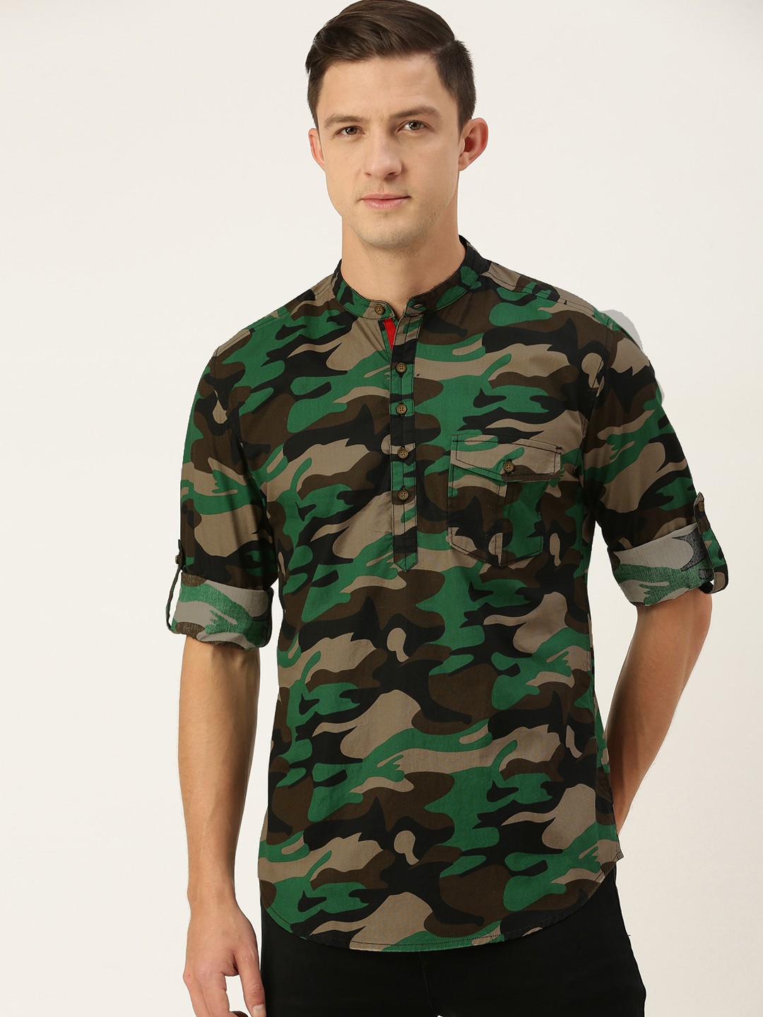 

IVOC Men Green & Beige Pure Cotton Slim Fit Printed Casual Shirt