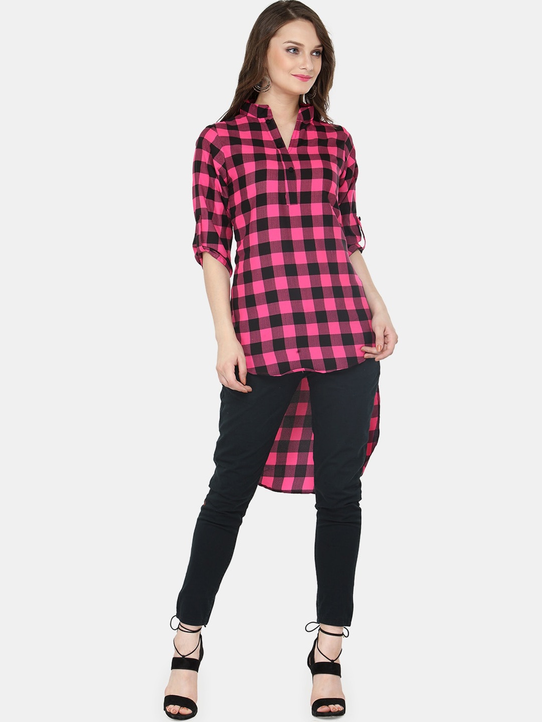 

Sayesha Pink & Black Mandarin Collar Checked Tunic