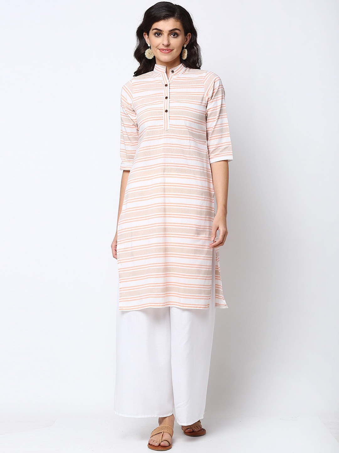 

Sayesha Women Orange & White Striped Pure Cotton Pathani Kurta
