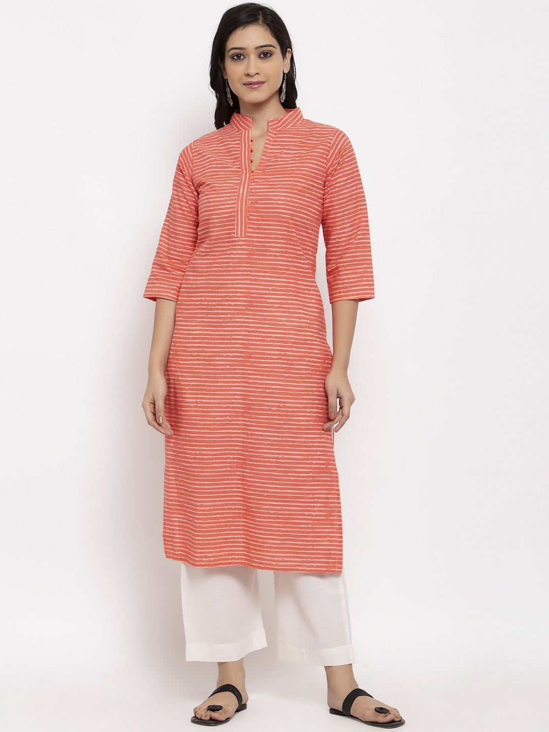 

Sayesha Women Orange & White Striped Pure Cotton Kurta