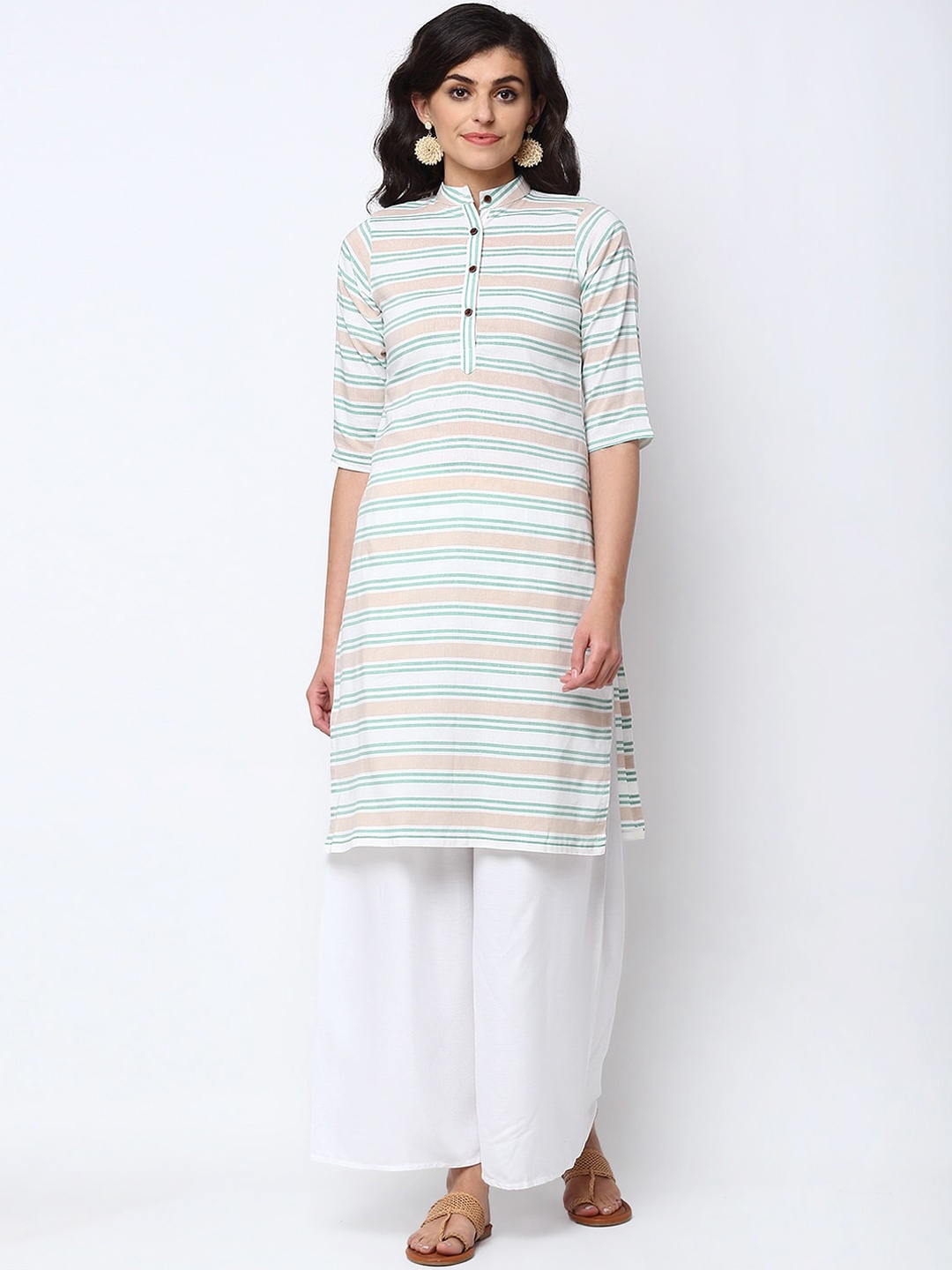 

Sayesha Women Green & White Pure Cotton Striped Kurta