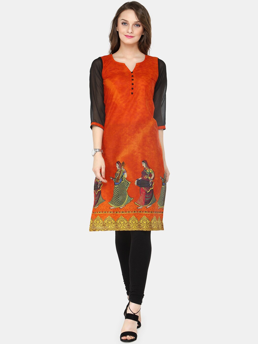 

Sayesha Women Orange & Black Ethnic Motifs Pure Cotton Kurta