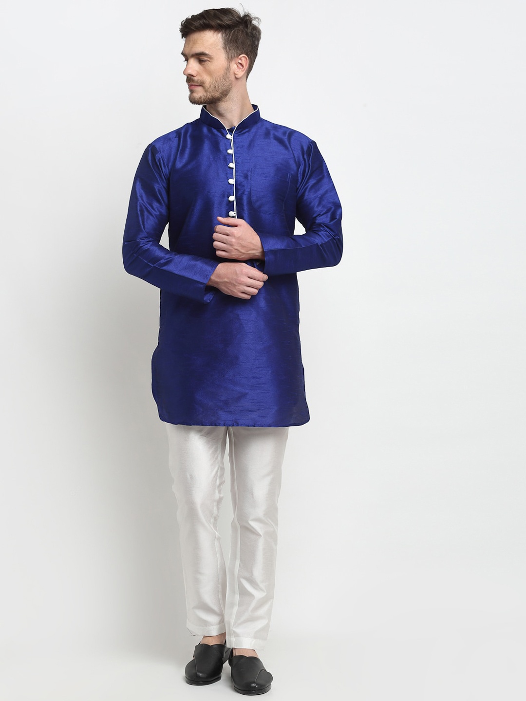 

Benstoke Men Blue Silk Short Straight Kurta
