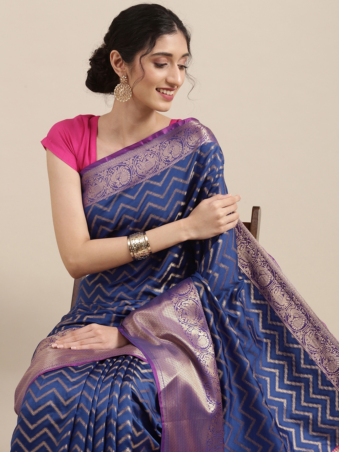 

Mitera Blue & Pink Ethnic Motifs Zari Silk Blend Banarasi Saree