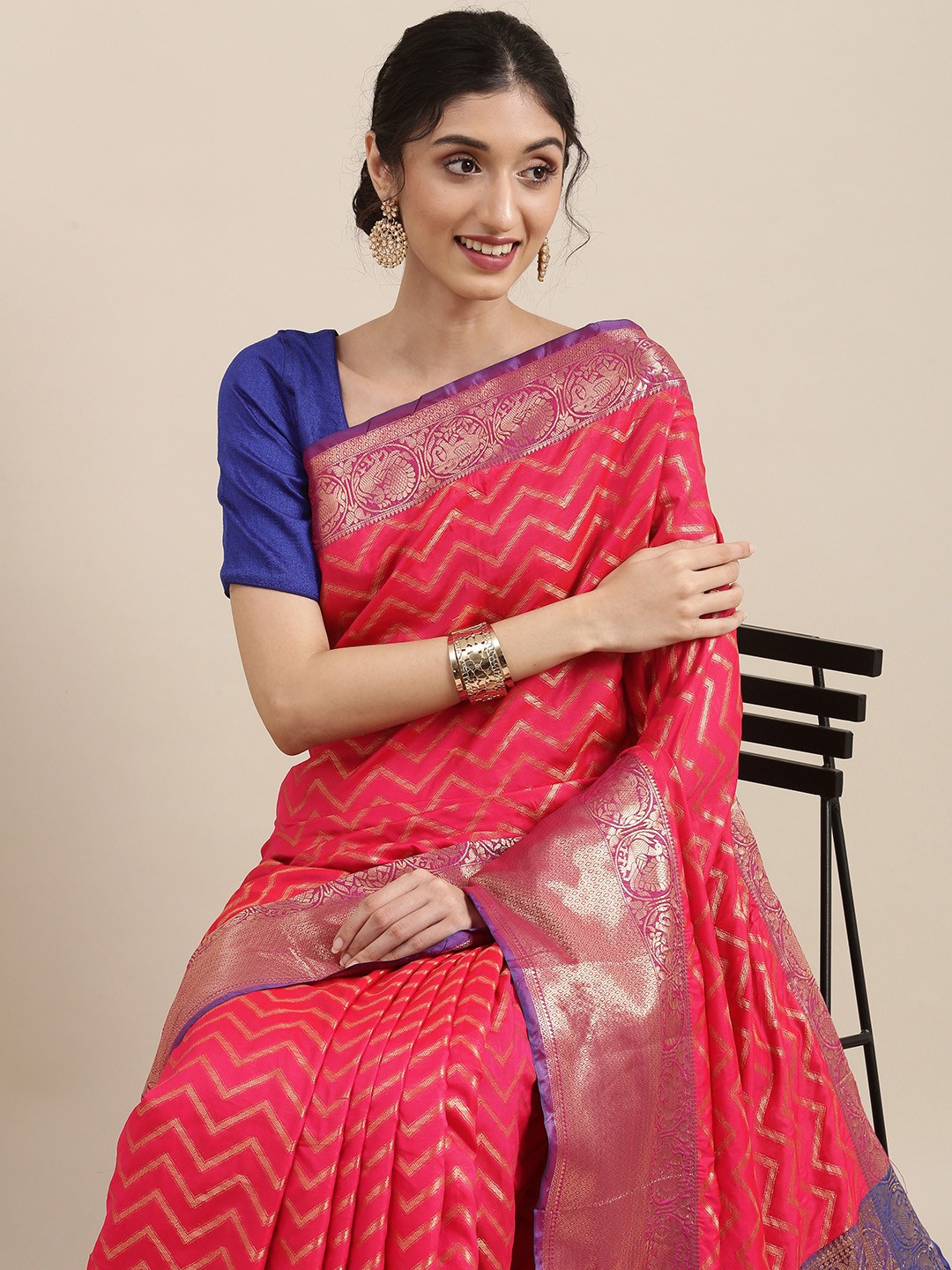 

Mitera Pink & Blue Ethnic Motifs Zari Silk Blend Banarasi Saree