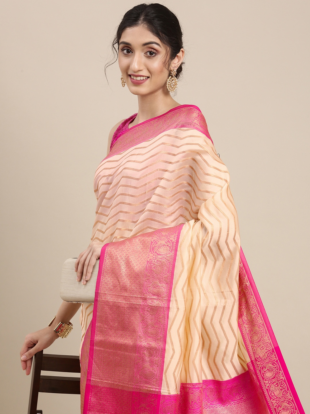 

Mitera White & Pink Ethnic Motifs Zari Silk Blend Banarasi Saree