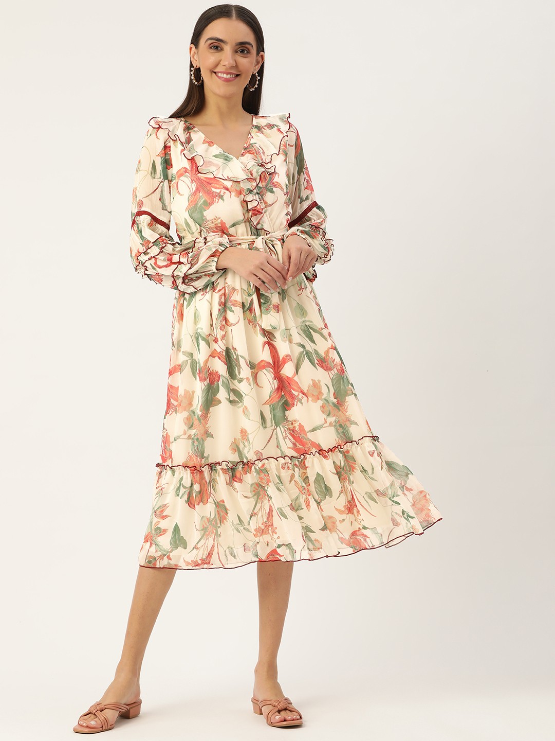 

Antheaa Off White & Green Floral Chiffon Midi Wrap Dress