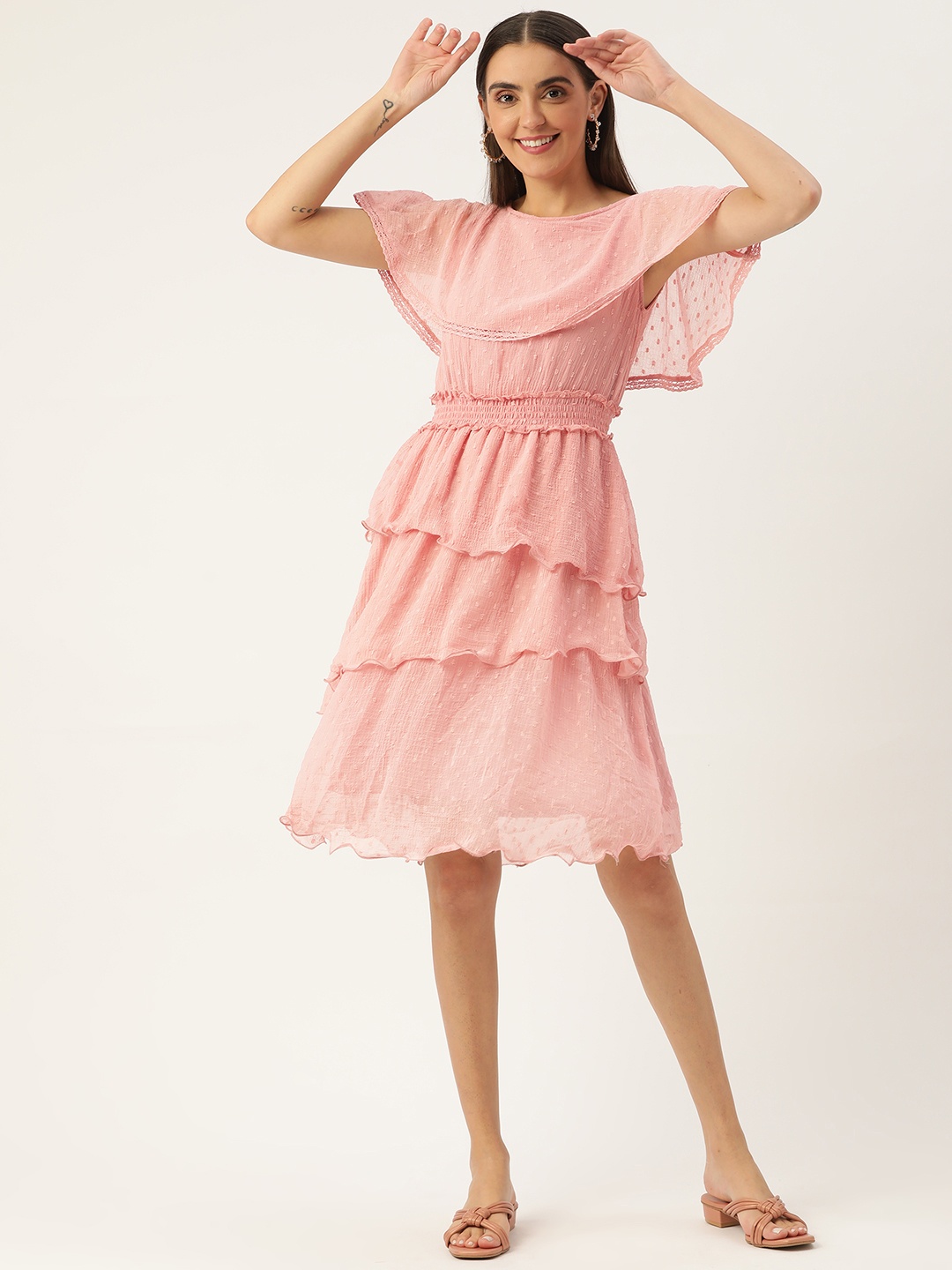 

Antheaa Pink Self Design Layered Chiffon Dress