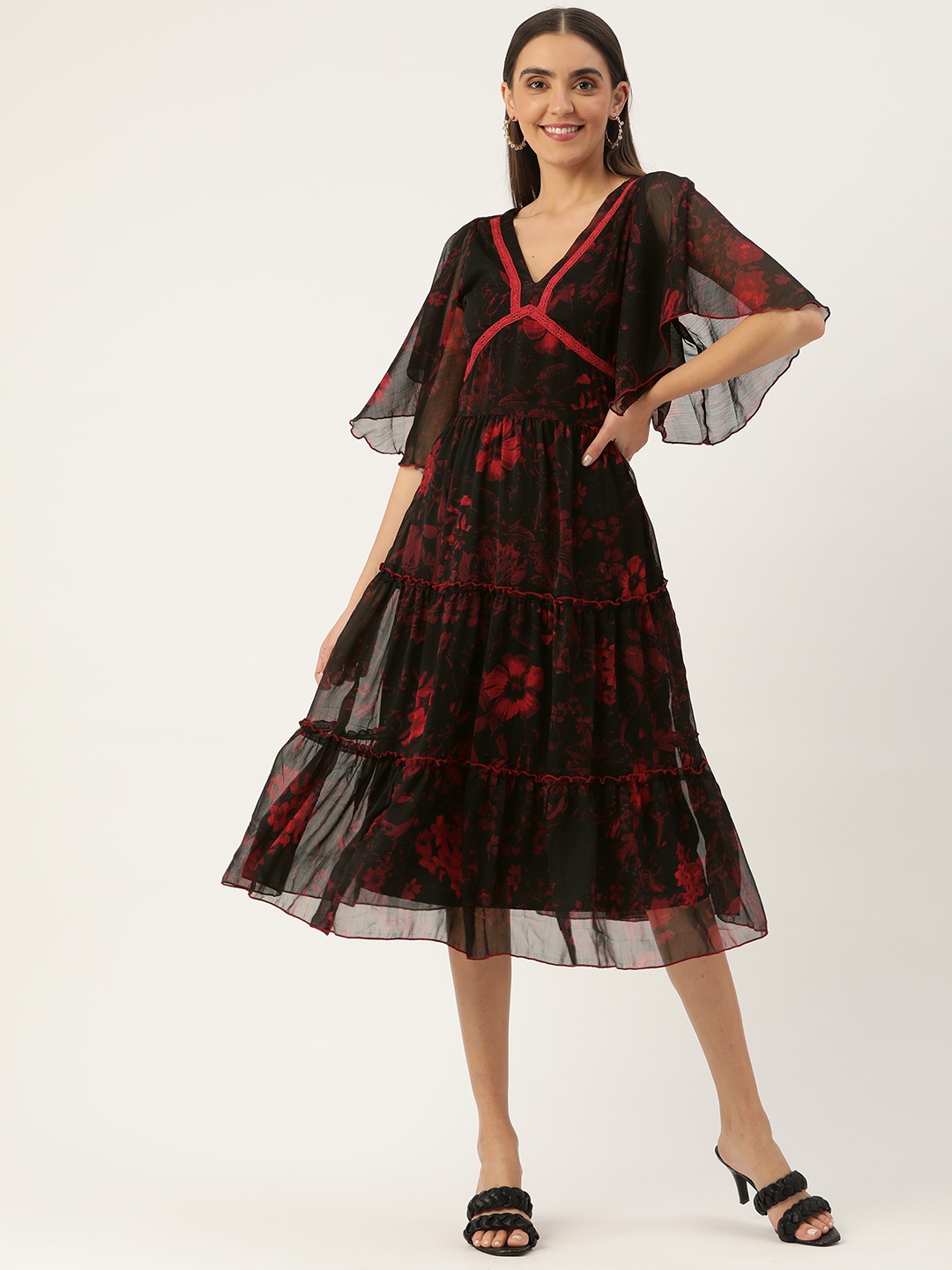 

Antheaa Black & Red Floral Chiffon Tiered Dress