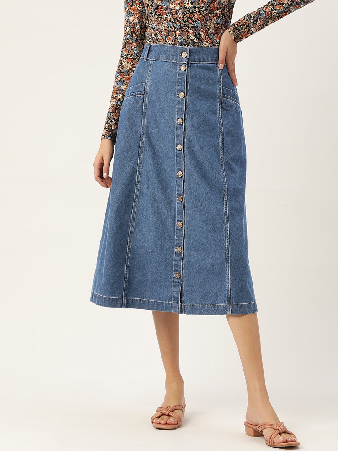 

Antheaa Women Blue Solid Denim A-Line Midi Skirt