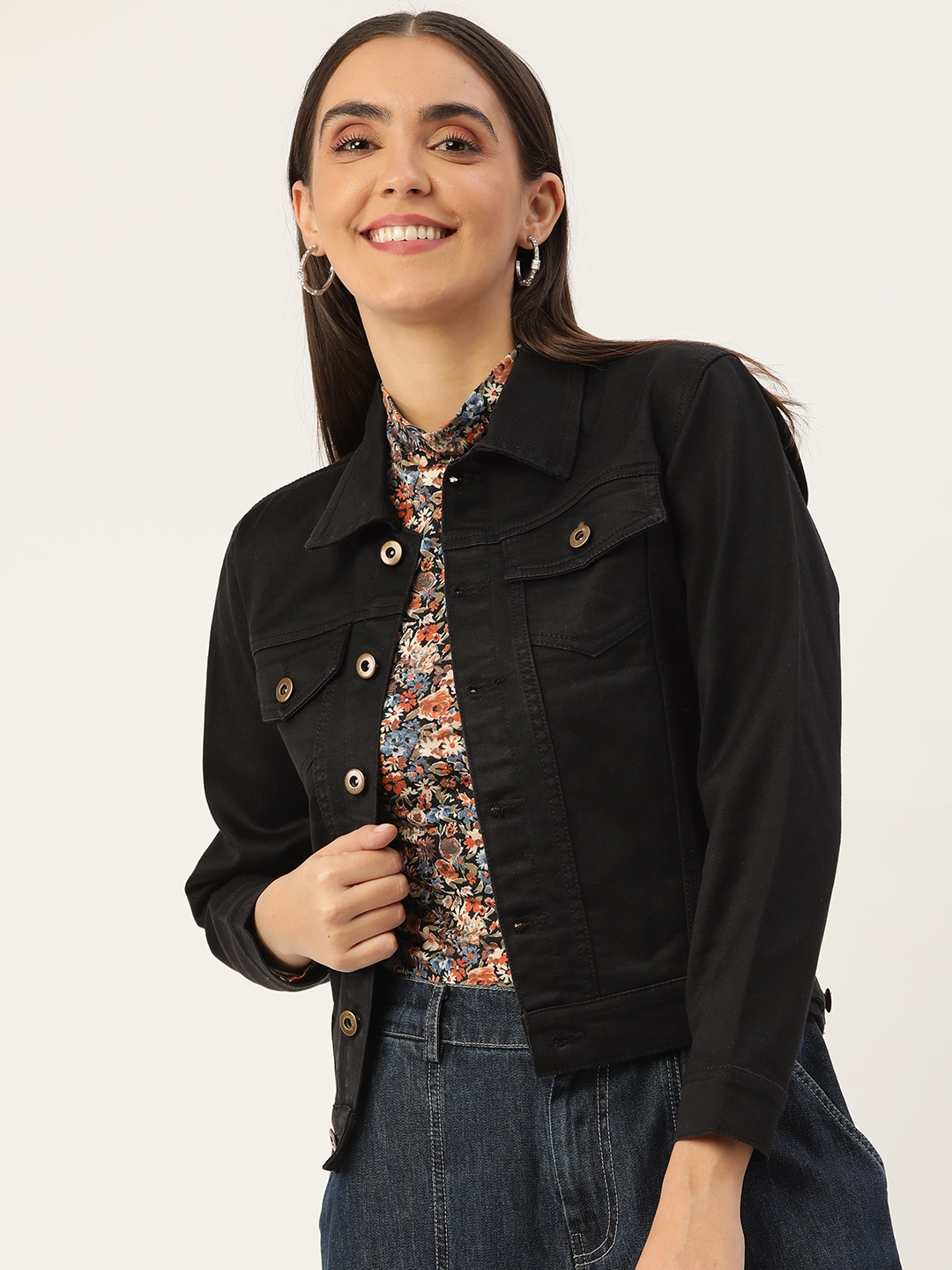 

Antheaa Women Black Denim Jacket