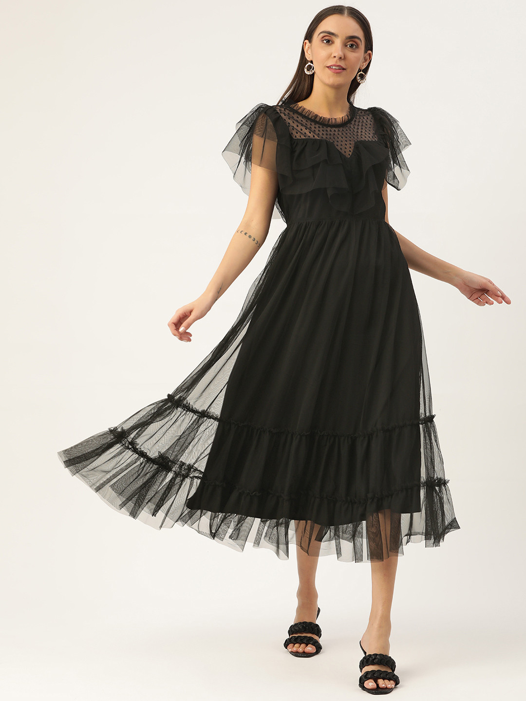

Antheaa Black Ruffle Detail Net Midi Dress