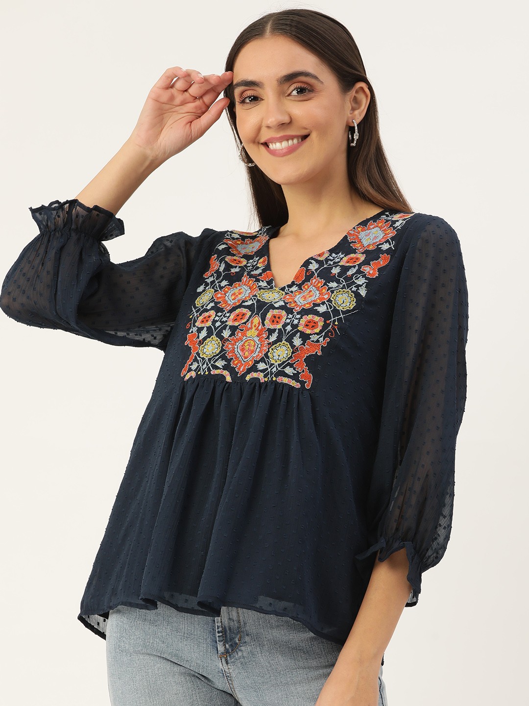 

Antheaa Navy Blue Self-Design Embroidered Detail Chiffon Top