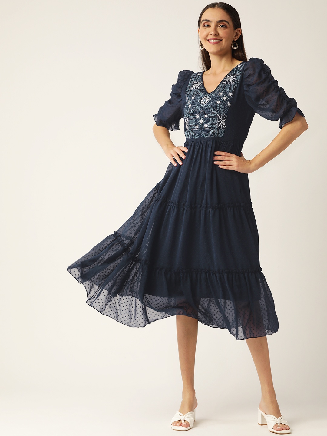 

Antheaa Navy Blue Self Design Embroidered Detail Puff Sleeves Tiered Dress