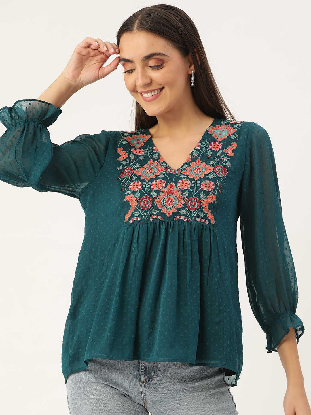

Antheaa Teal Green Self Design Embroidered Detail Chiffon Top