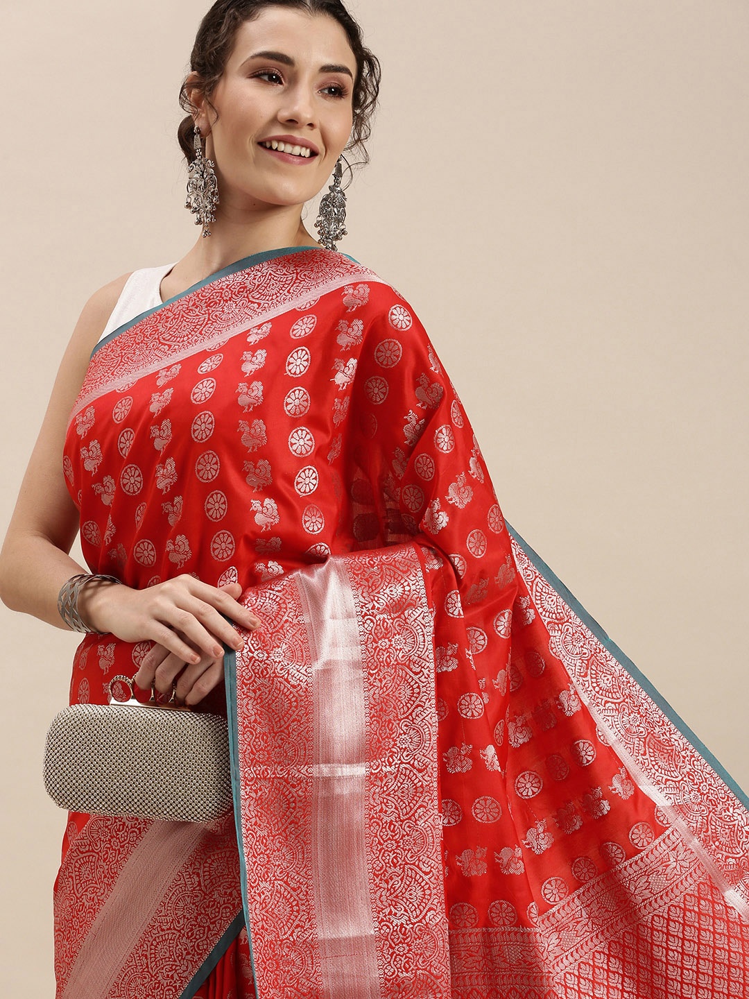 

Mitera Red & Silver Ethnic Motifs Woven Silk Blend Saree
