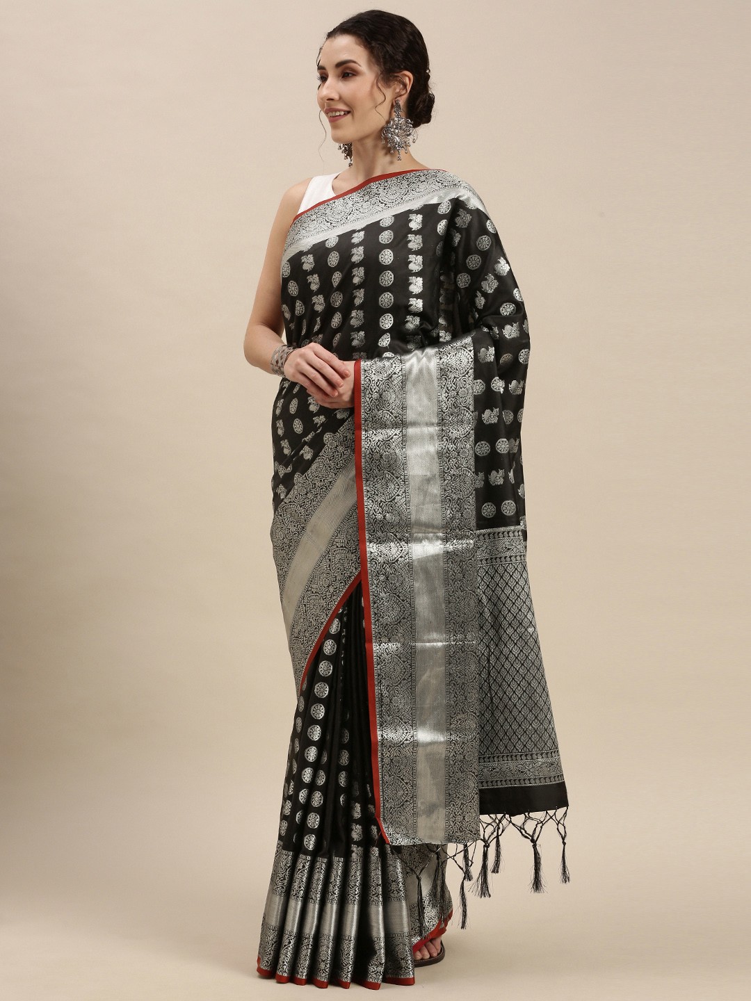 

Mitera Black & Silver Ethnic Motifs Woven Silk Blend Saree