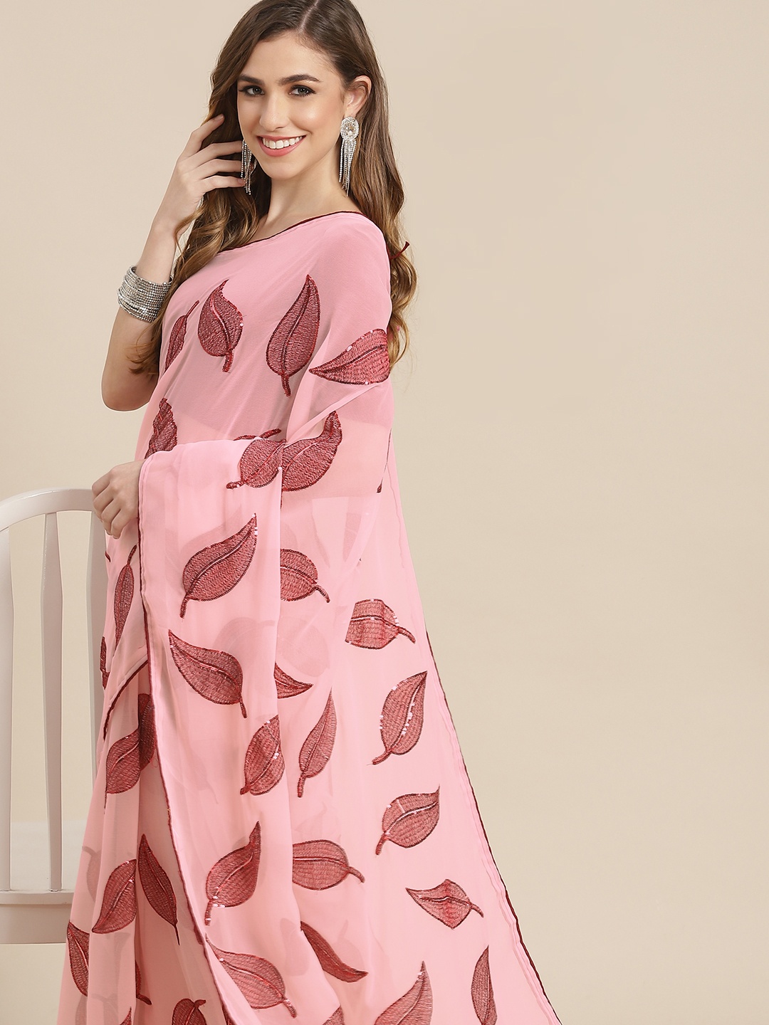 

Mitera Peach-Coloured & Brown Embellished Sequinned Pure Georgette Heavy Work Saree