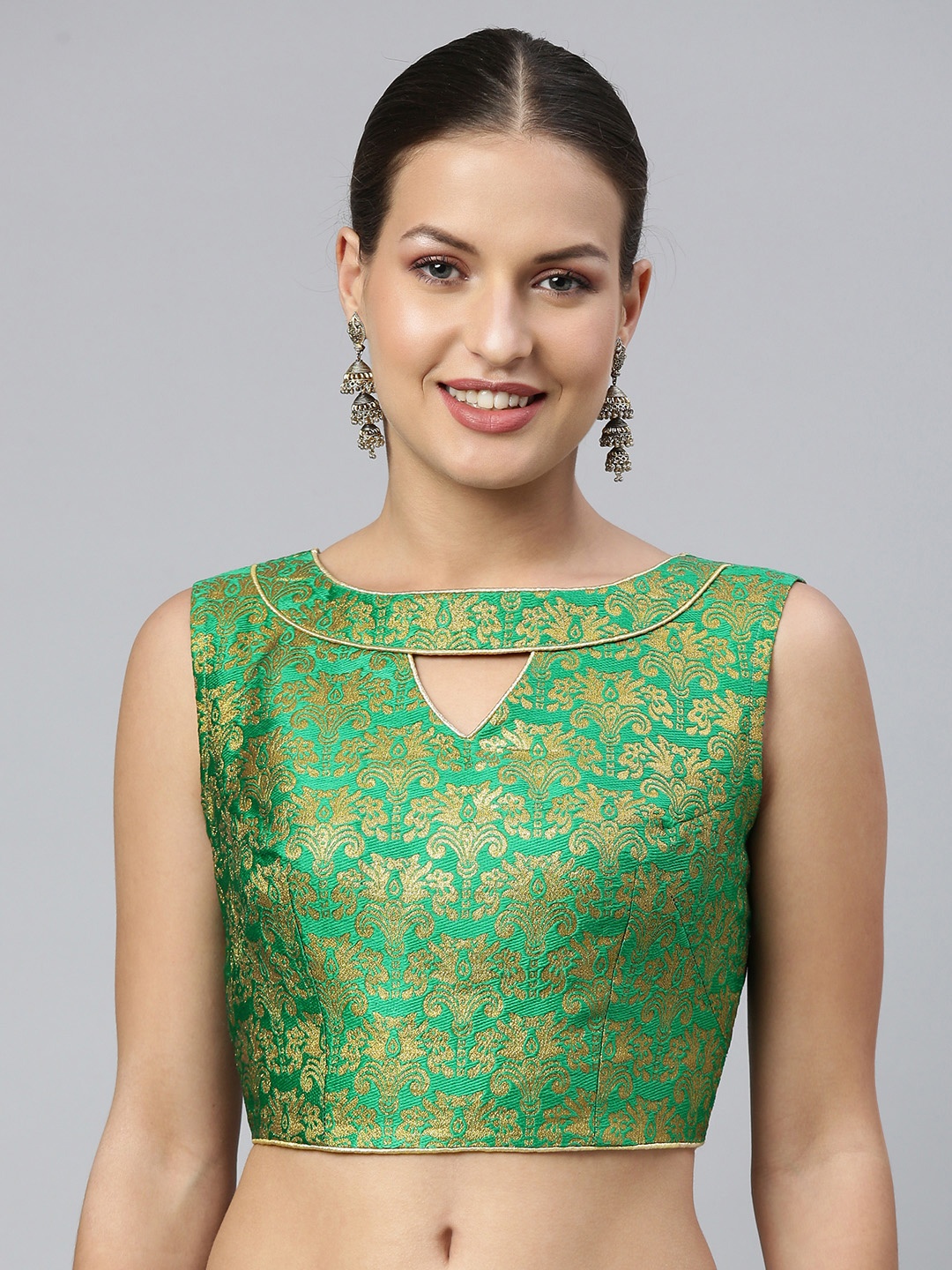 

flaher Women Green & Gold Ethnic Motifs Jacquard Woven Design Saree Blouse with Cut-Out