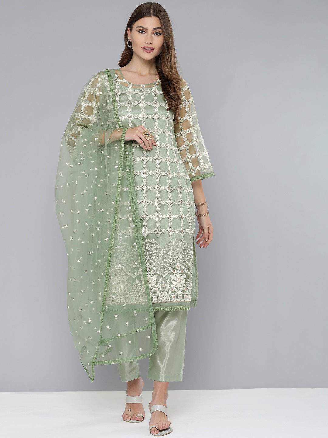 

Kvsfab Green & Off-White Net Embroidered Unstitched Dress Material