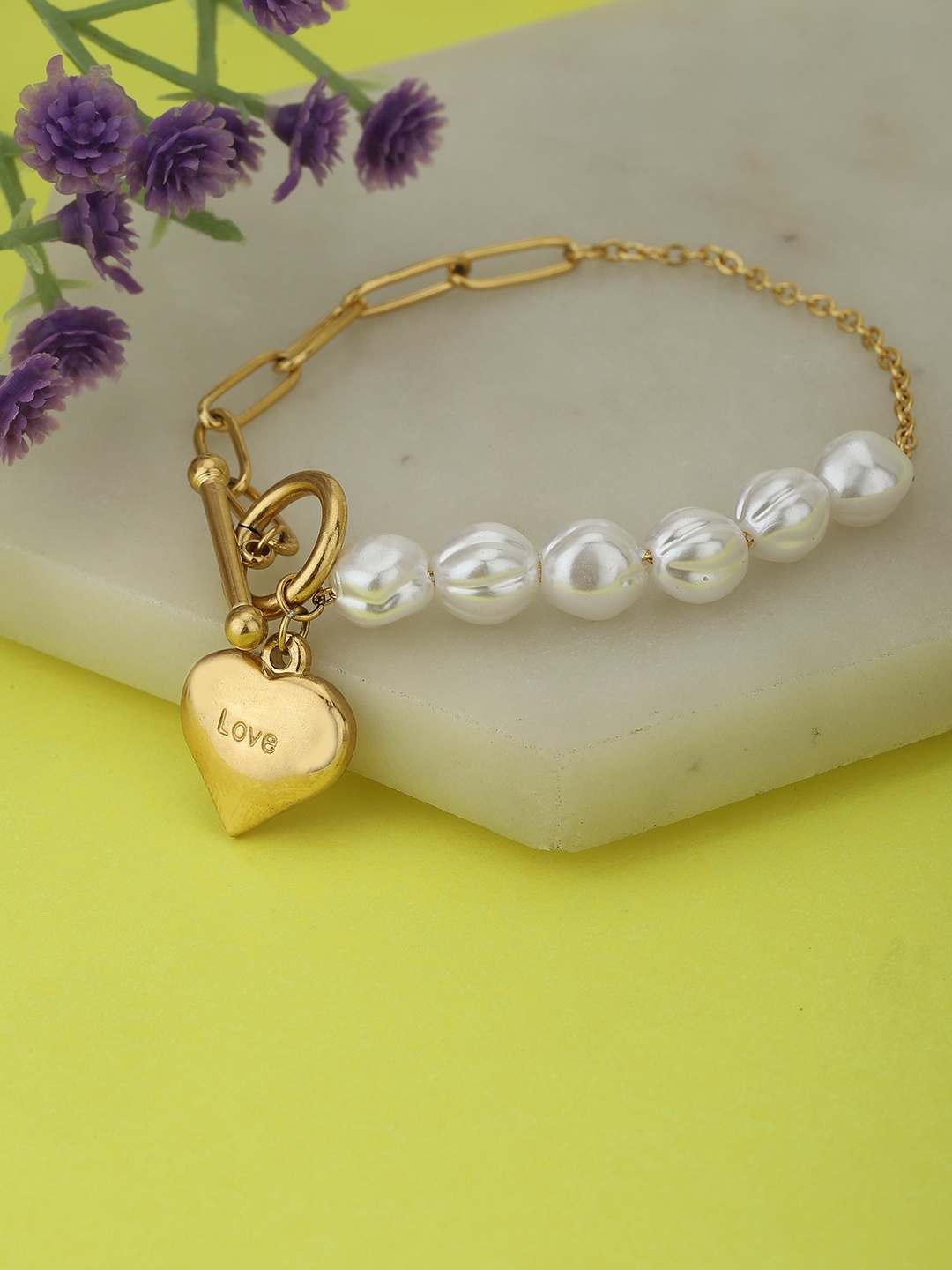 

Carlton London Women Gold-Toned & Off White Pearls Charm Bracelet