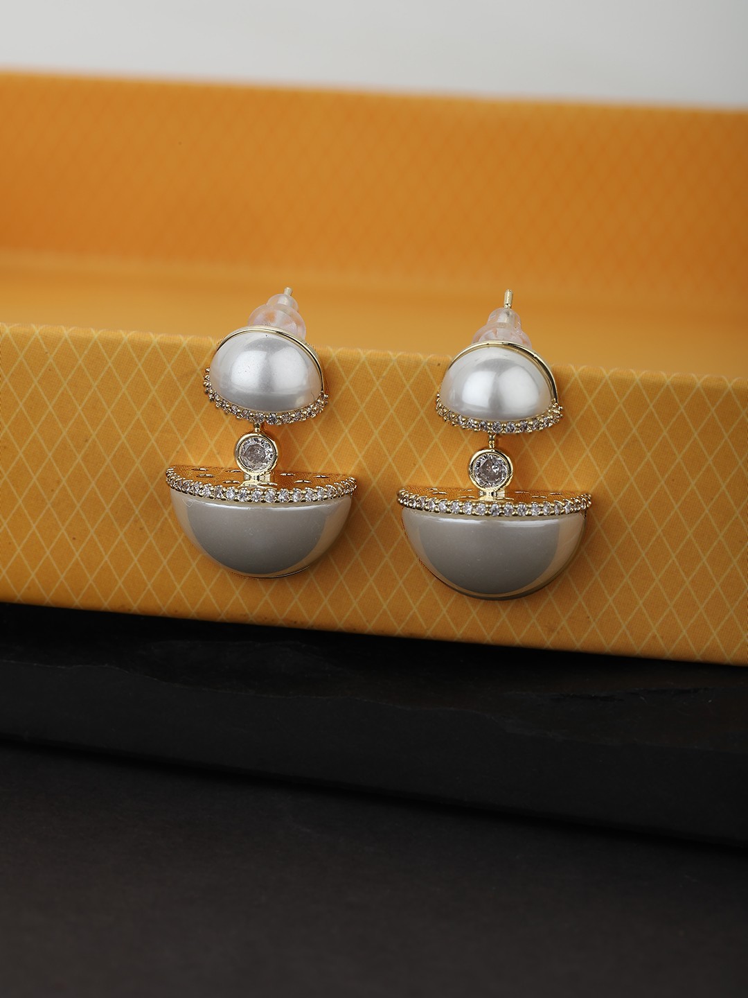 

Carlton London Gold-Toned & Off White Stone Studded & Beaded Contemporary Drop Earrings
