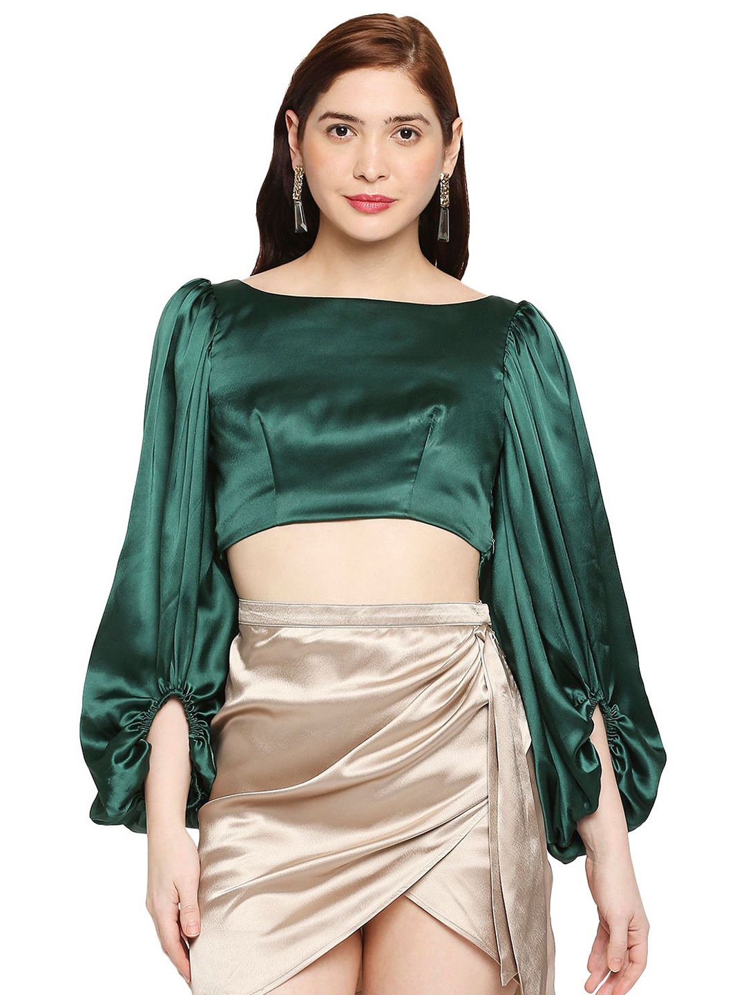

AMMARZO Green Satin Styled Back Crop Top