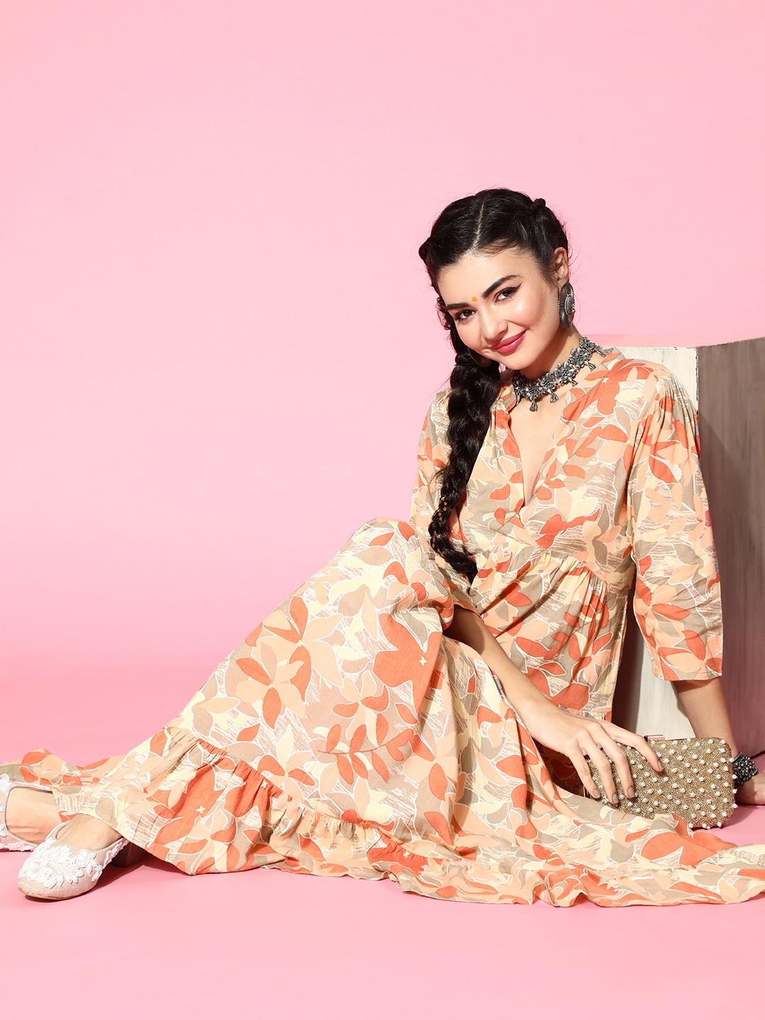 

Prakrti Women Attractive Peach Floral Tiered Dress