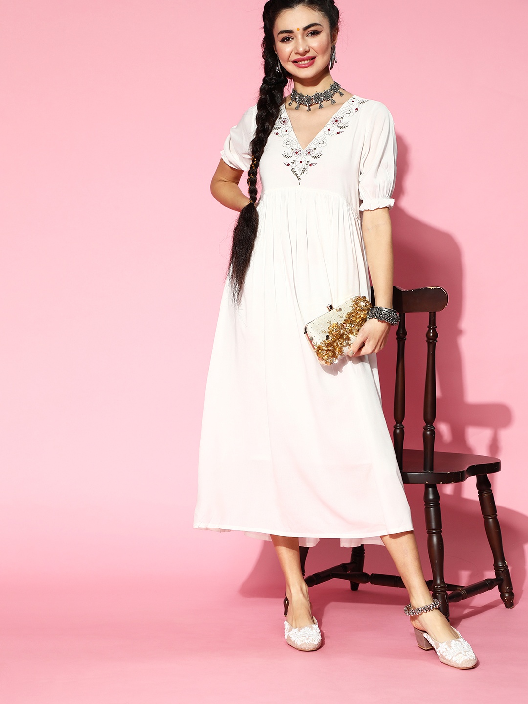 

Prakrti Women Classic White Floral Puff Sleeves Dress