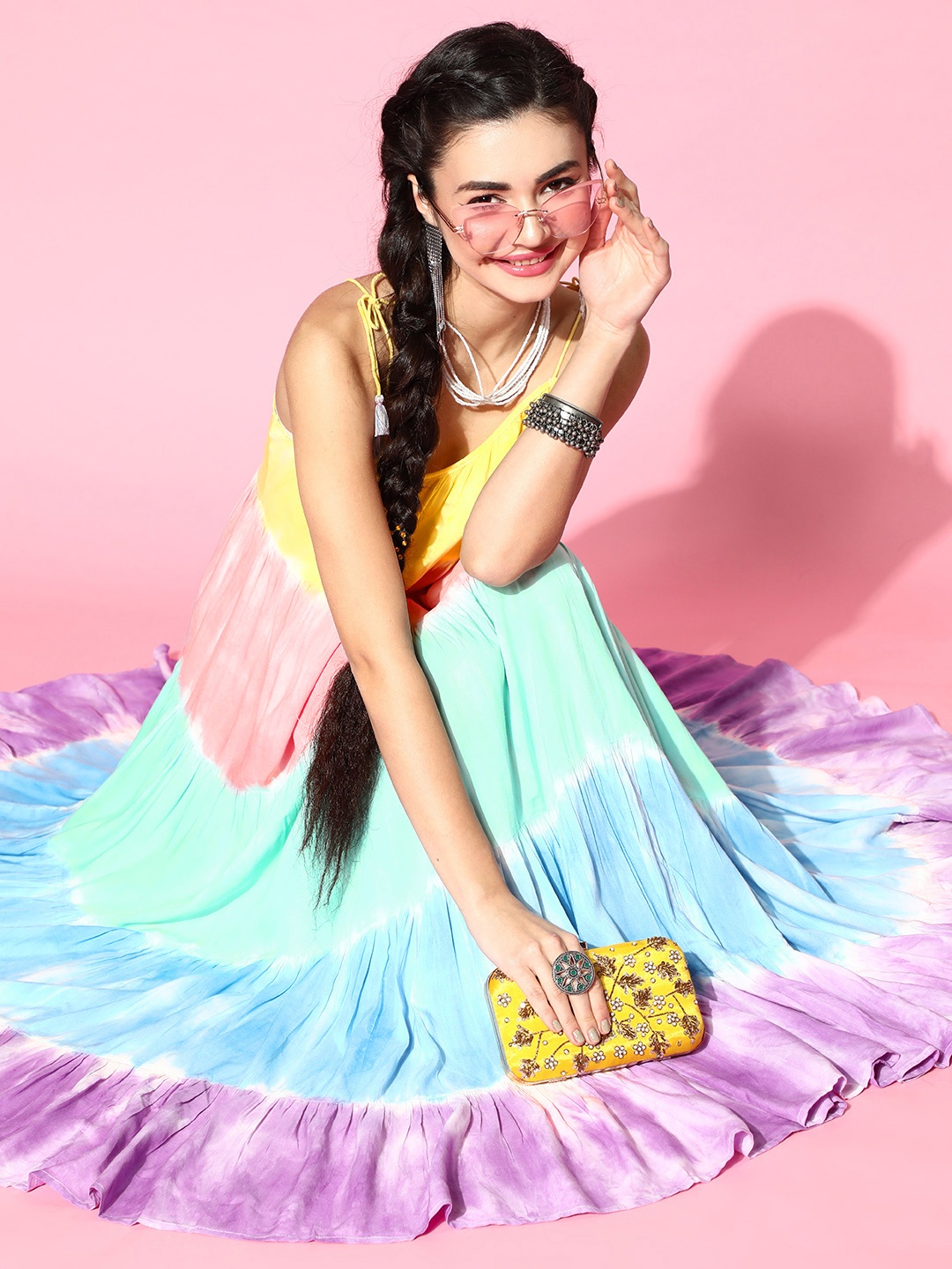 

Prakrti Women Bright Yellow Colourblocked Tiered Dress