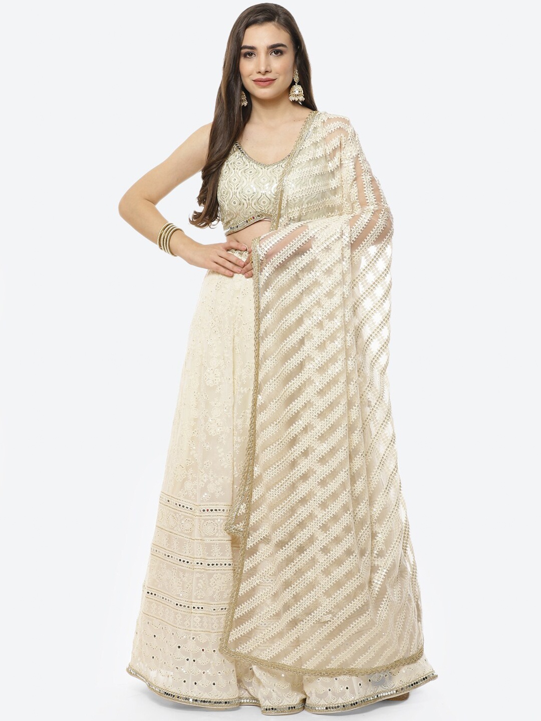 

Meena Bazaar Cream-Coloured Sequinned Ready to Wear Lehenga & Blouse With Dupatta