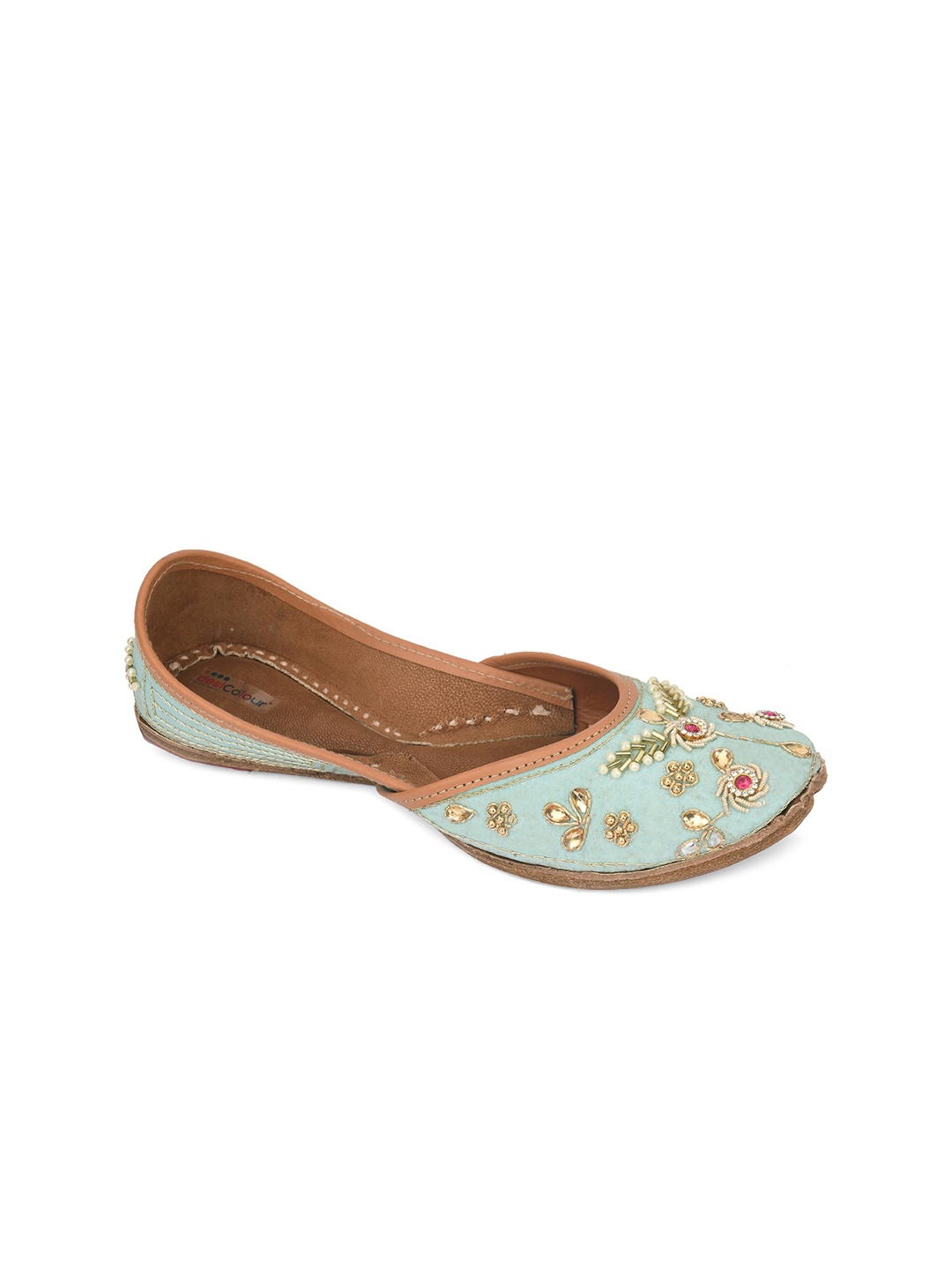 

DESI COLOUR Women Turquoise Blue Embellished Leather Ethnic Mojaris Flats