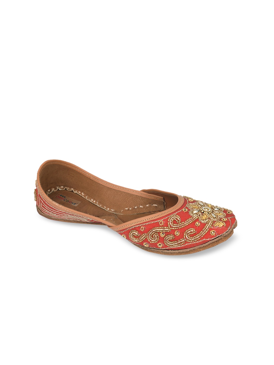 

DESI COLOUR Women Red Embellished Leather Ethnic Mojaris Flats