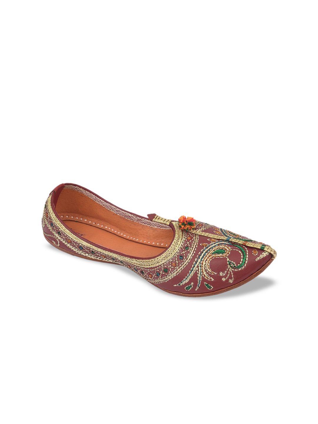 

DESI COLOUR Women Maroon Embellished Leather Ethnic Mojaris Flats