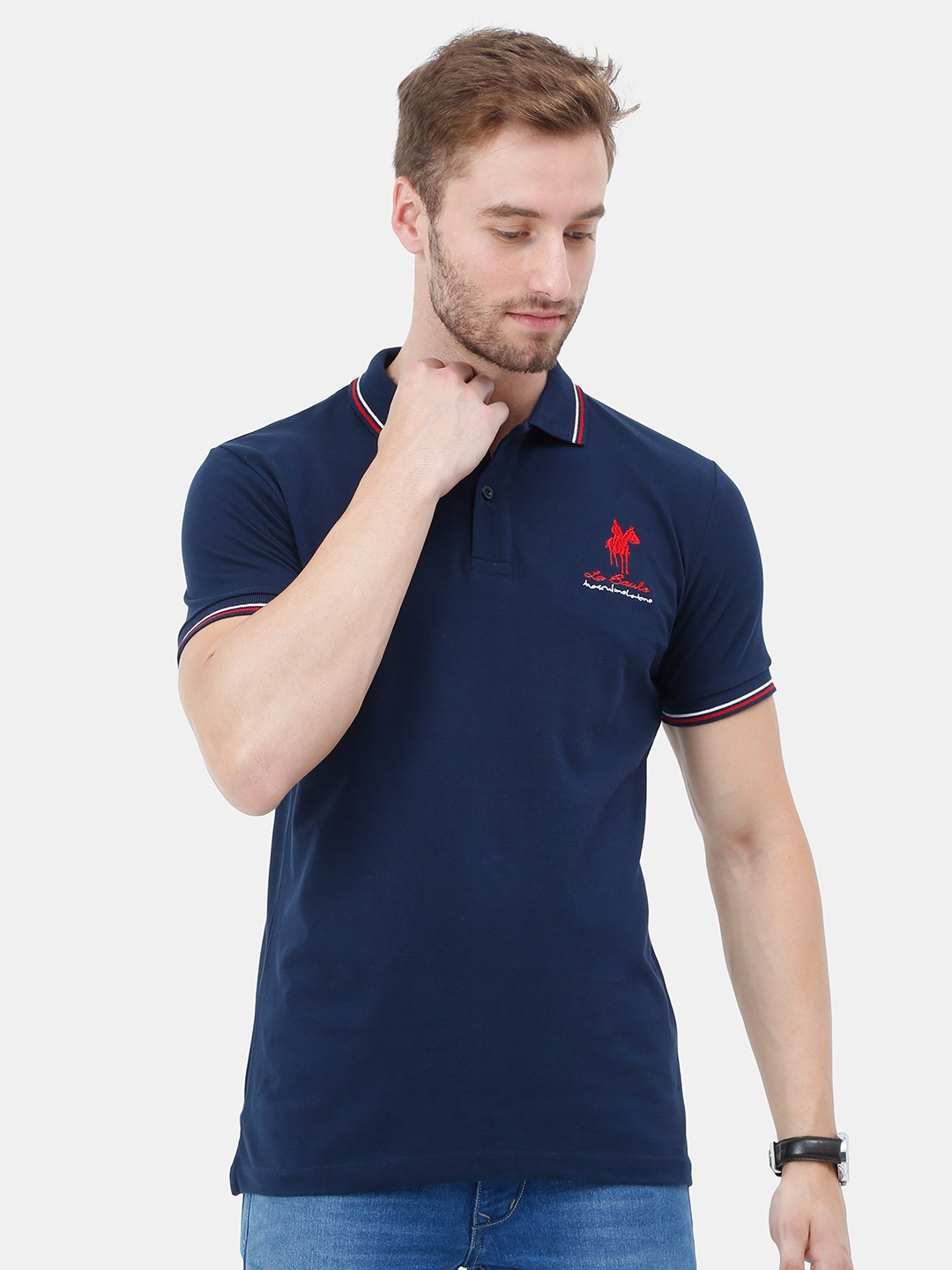 

Masculino Latino Men Navy Blue Polo Collar Cotton T-shirt