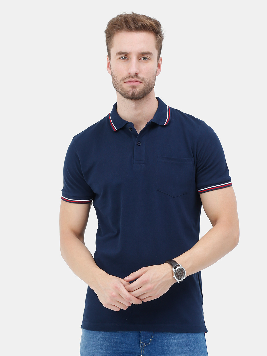 

Masculino Latino Men Navy Blue Polo Collar Pockets T-shirt