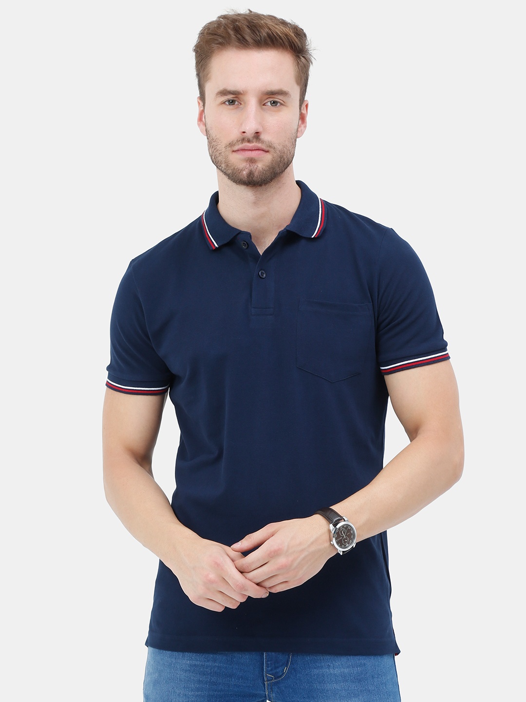 

Masculino Latino Men Navy Blue Polo Collar T-shirt