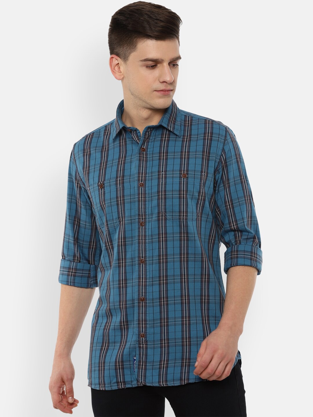 

VAN HEUSEN DENIM LABS Men Navy Blue Slim Fit Checked Pure Cotton Casual Shirt