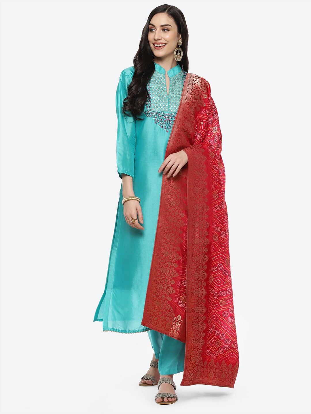 

Meena Bazaar Sea Green & Gold-Toned Bandhani Unstitched Dress Material With Dupatta