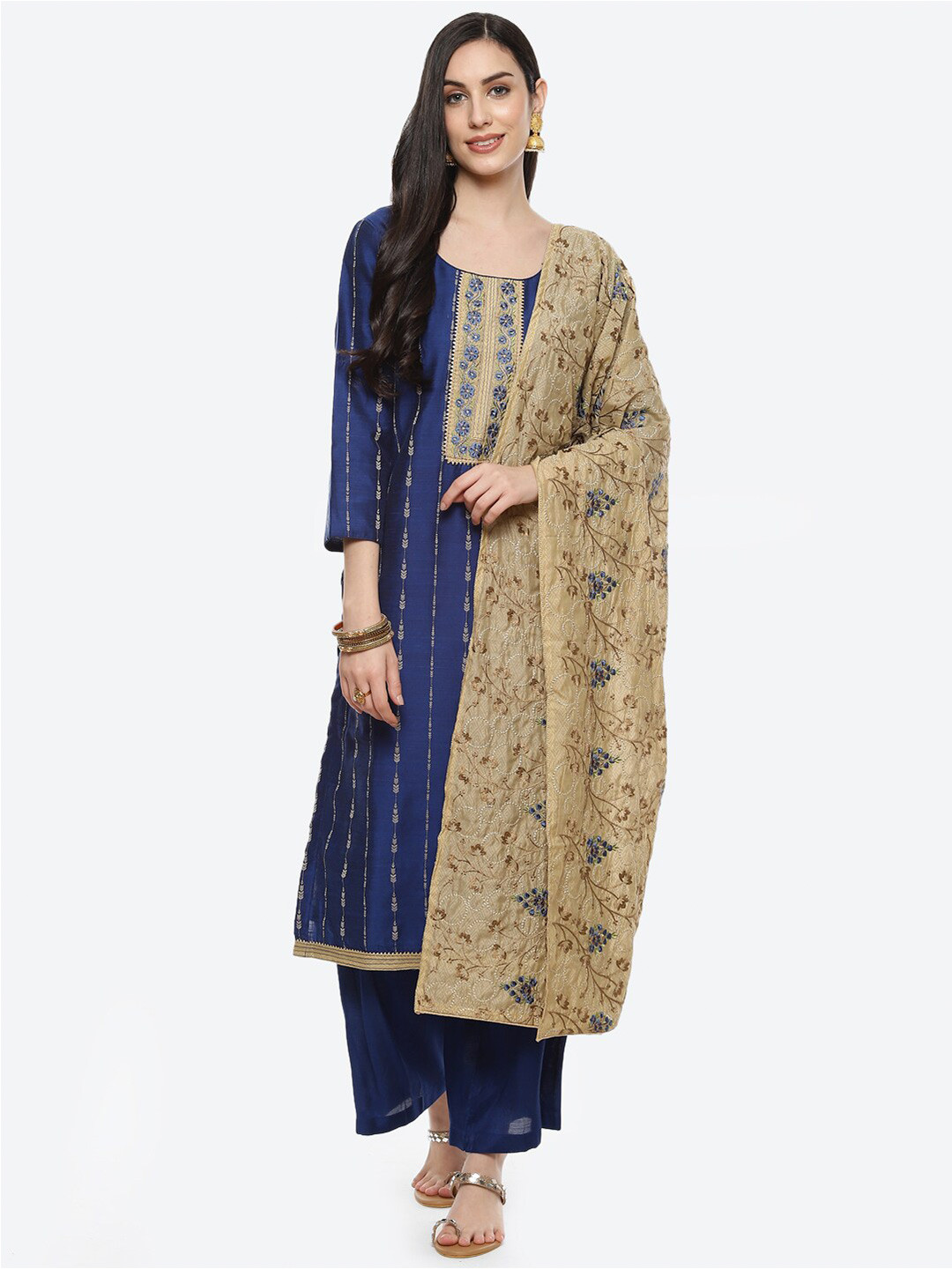 

Meena Bazaar Blue & Beige Embroidered Unstitched Dress Material