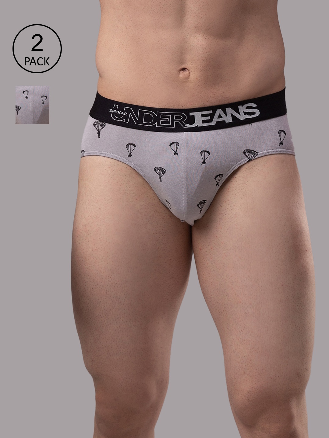 

UnderJeans by Spykar Men Pack Of 2 Printed Cotton Blend Basic Briefs, Grey