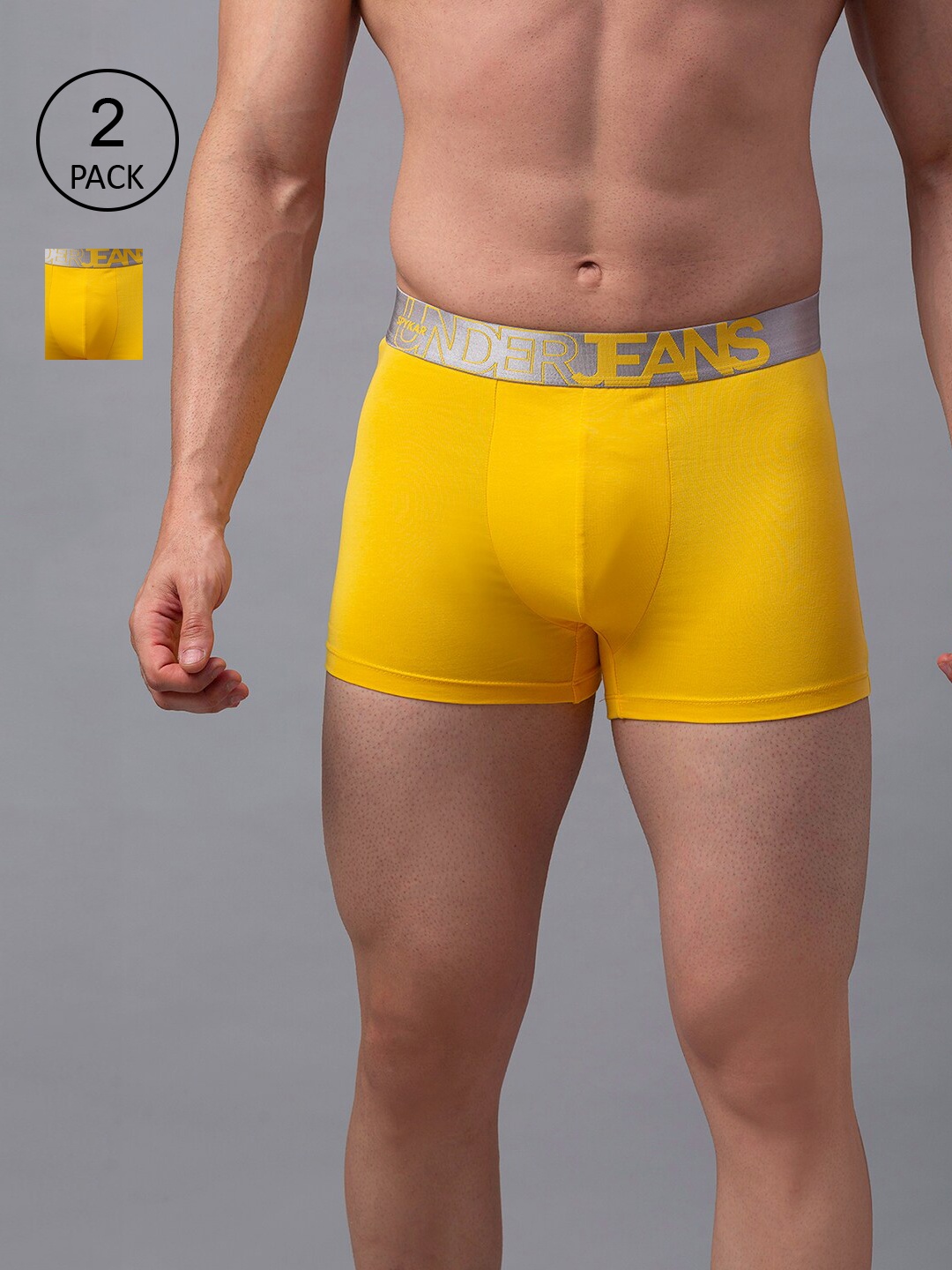 

UnderJeans by Spykar Men Pack Of 2 Yellow Solid Cotton Blend Basic Trunks UJNPTC016Yellow