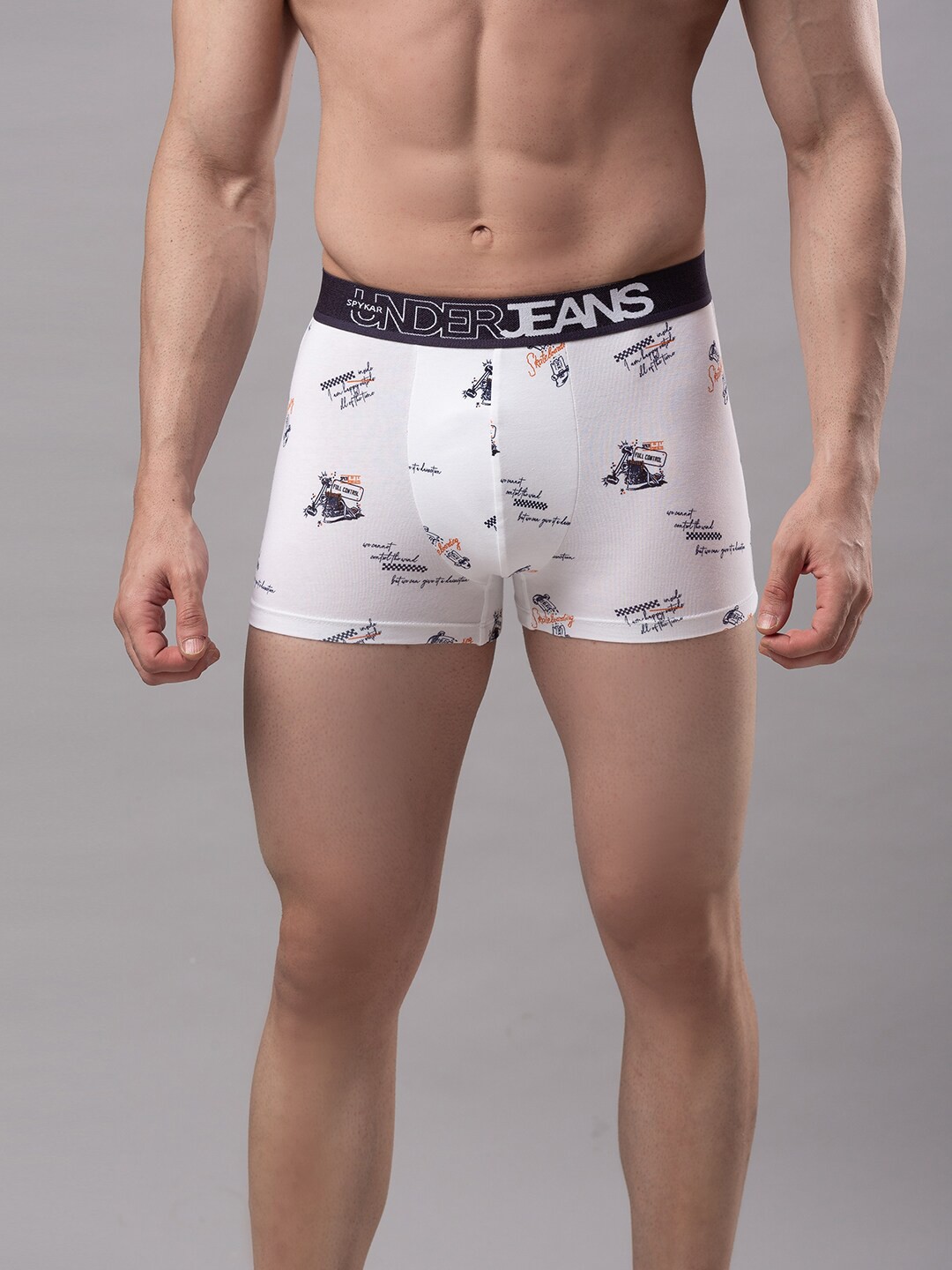 

UnderJeans by Spykar Men White & Blue Printed Cotton Blend Trunk -UJNPTS028White