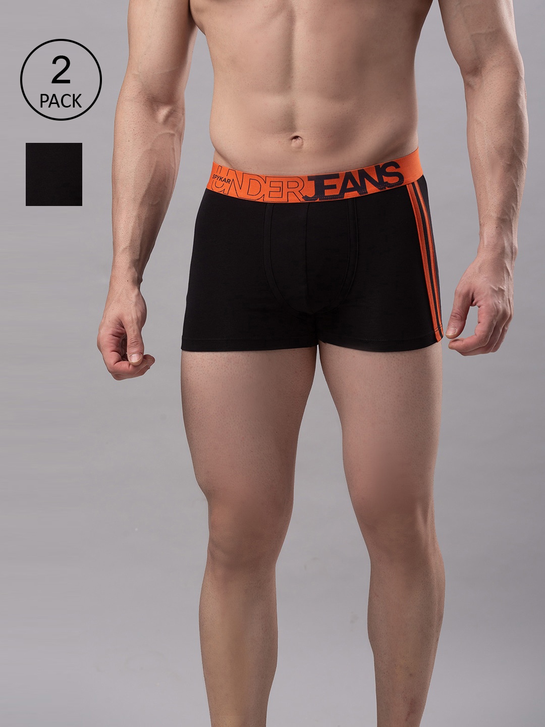 

UnderJeans by Spykar Men Pack Of 2 Solid Cotton Blend Trunks UJNPTC012BLACKORANGE, Black