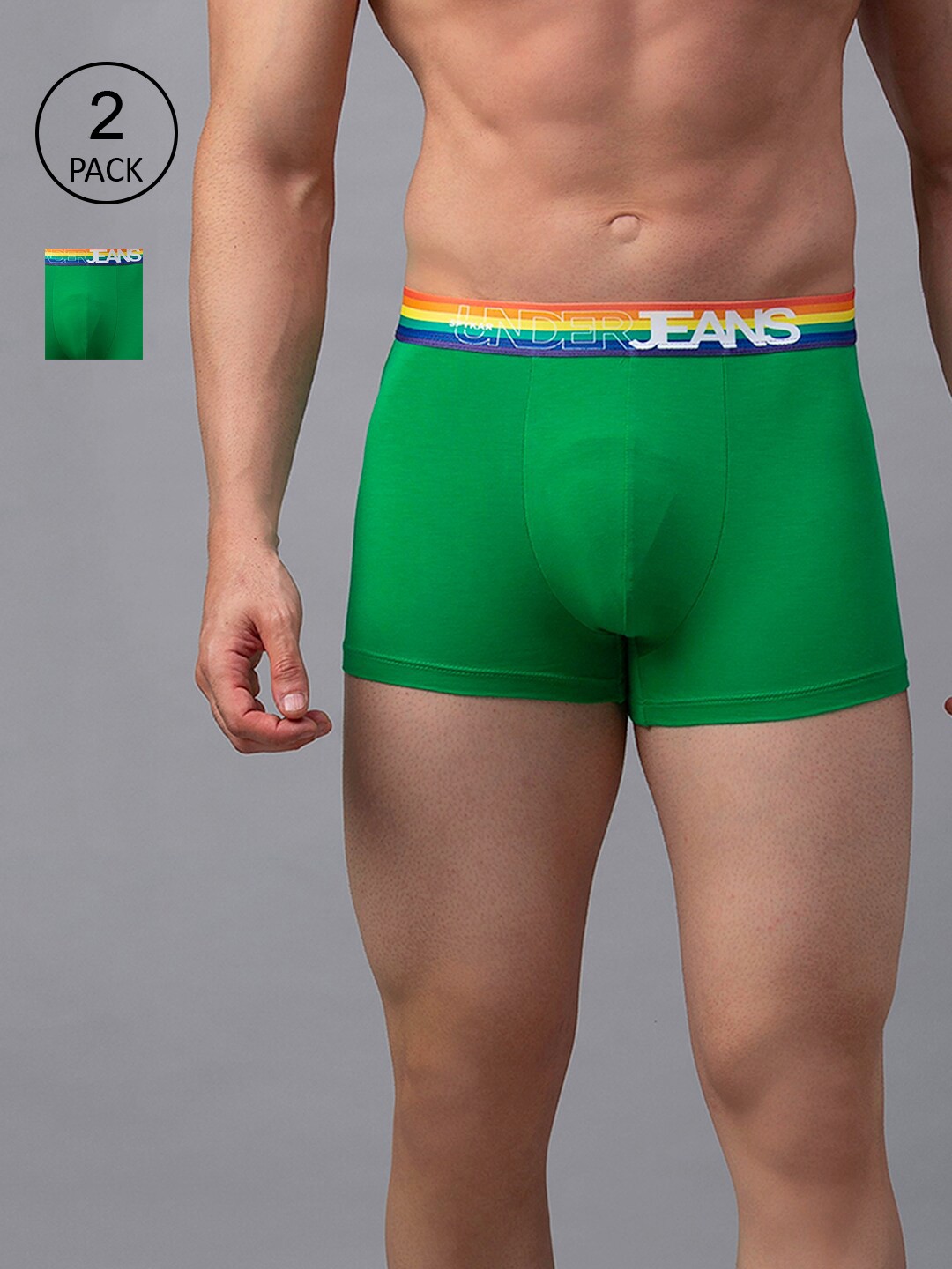 

UnderJeans by Spykar Men Pack Of 2 Green Solid Cotton Blend Mid Rise Trunks
